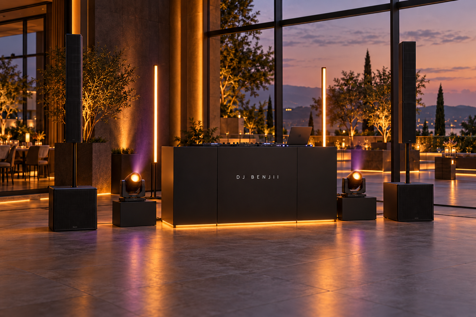 Illustrative black DJ booth and speaker setup with warm amber event lighting